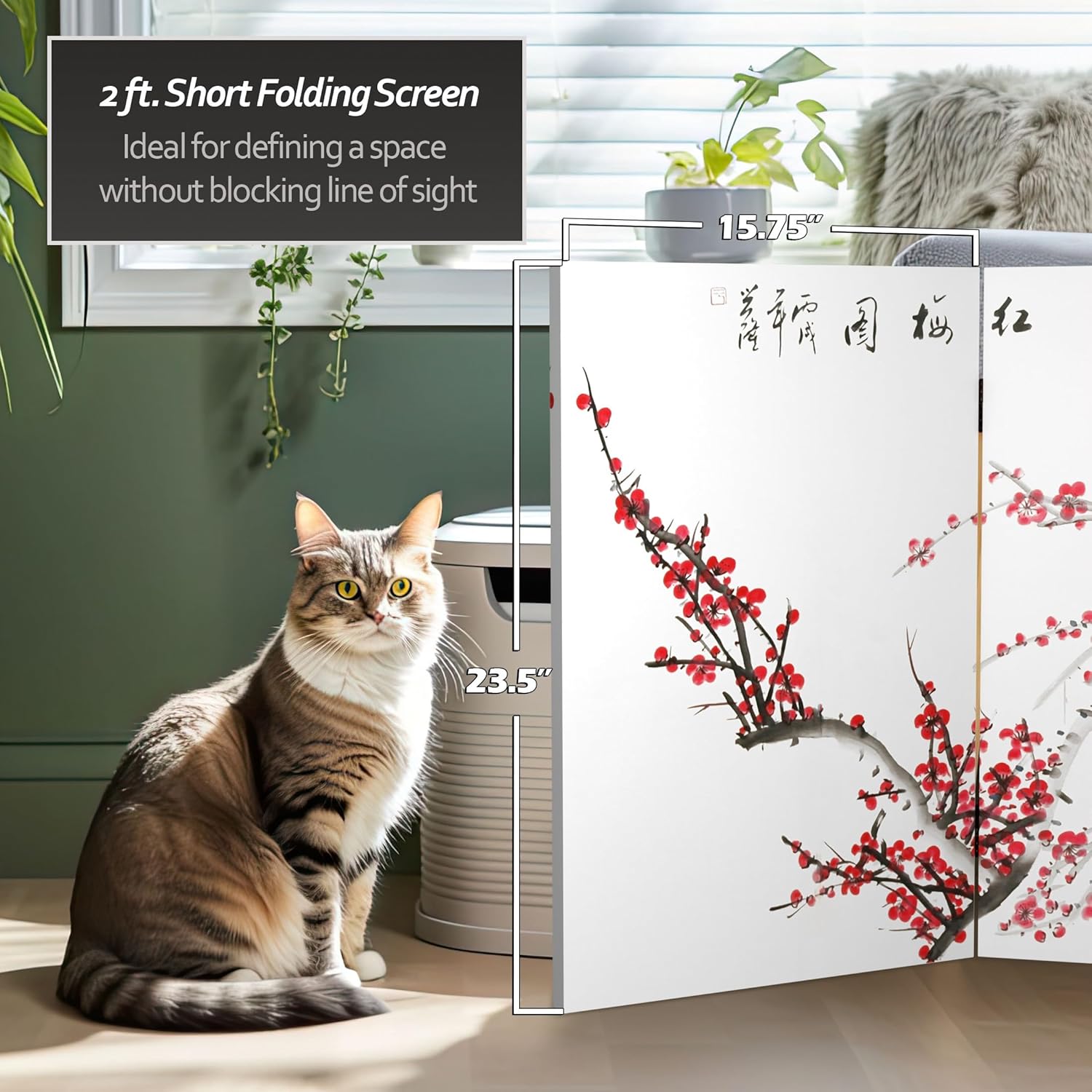 Red Lantern 2 ft. Short Double Sided Plum Blossom Canvas Folding Screen 3 Panel Freestanding Partition and Separator for Modern and Contemporary Bedroom, Home Office, Studio, Dorm, Apartment