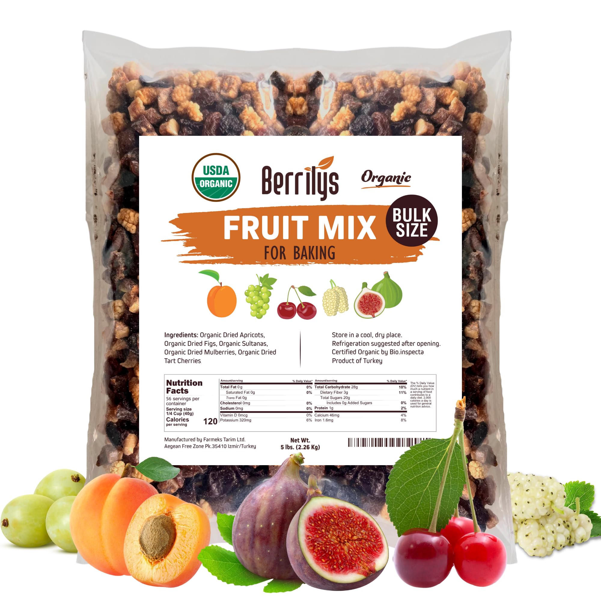 Fruit Mix, Organic, 5 Lbs, Berrilys, Dried Fruits, Diced Figs, Diced Apricots, White Mulberries, Sultanas, Sour Cherries, No Sugar Added, Trail Mix