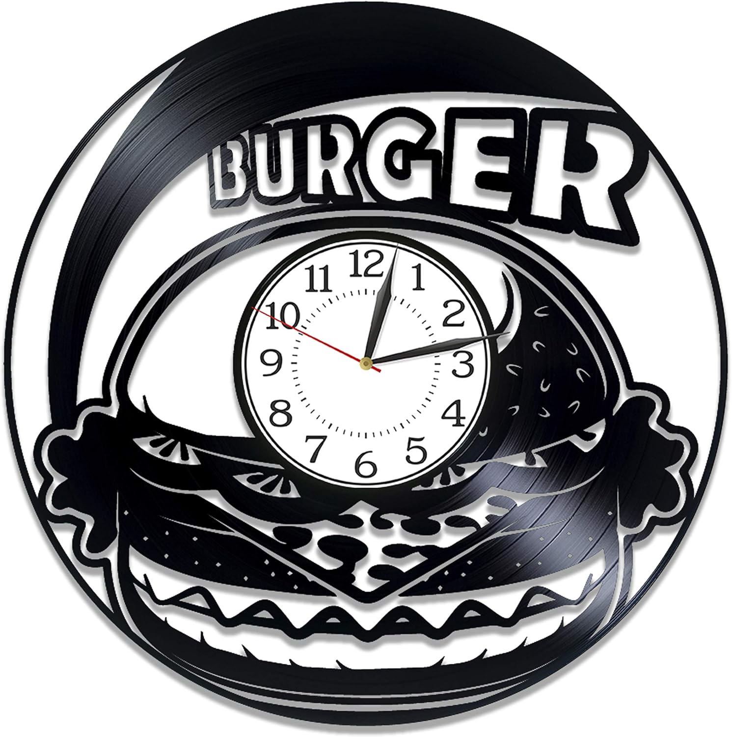 Burger Birthday Gift Idea Fast Food Vinyl Clock 12 Inch for Man and Woman Burger Original Kitchen Decor Fast Food Vinyl Record Wall Clock Burger Handmade Products