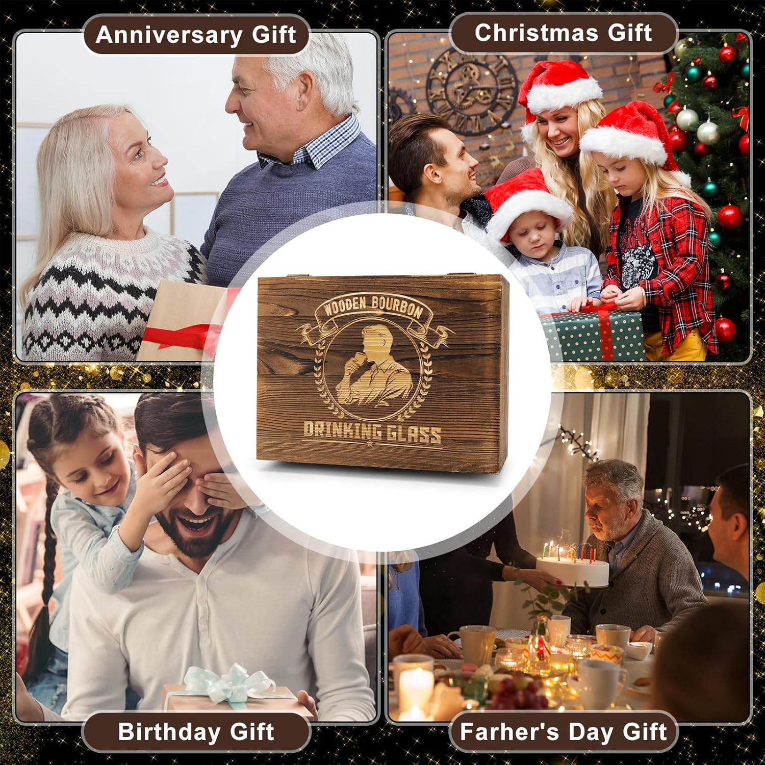 Wooden Bourbon Drinking Glasses Gift Set Bourbon Gifts for Men Charred Wooden Whiskey Glasses Wine Tumbler for Dad Men Boyfriend Father Friends Brother