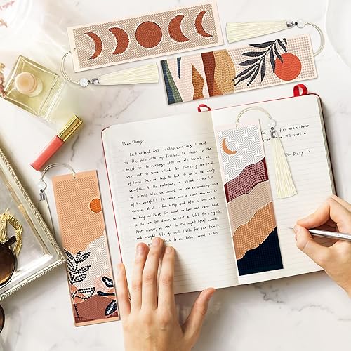 Miniatura 6 de 4 marcapáginas de pintura de diamante bohemio 5D, marcapáginas con cuentas bohemias, marcapáginas de cuero con borlas para manualidades,