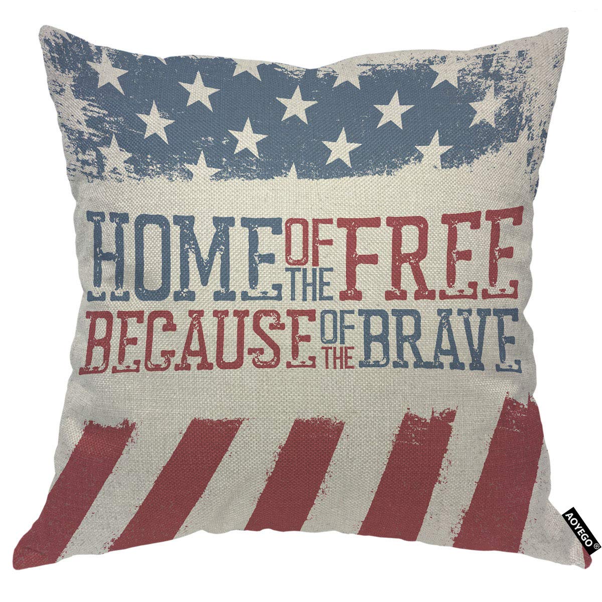 AOYEGO Americana Patriotic Independence Day Throw Pillow Cover America Home Because of The Brave Pillow Case 18x18 Inch Decorative Men Women Room