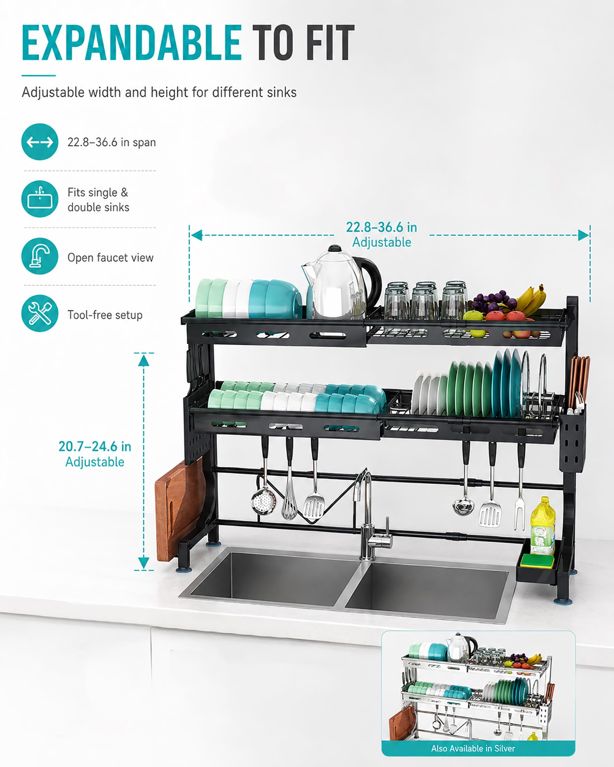 Scolapiatti sopra Lavello Regolabile - Organizer Cucina Salvaspazio in Acciaio Inossidabile - Rastrelliera 2 Livelli per Piatti e Ciotole - 62-97cm