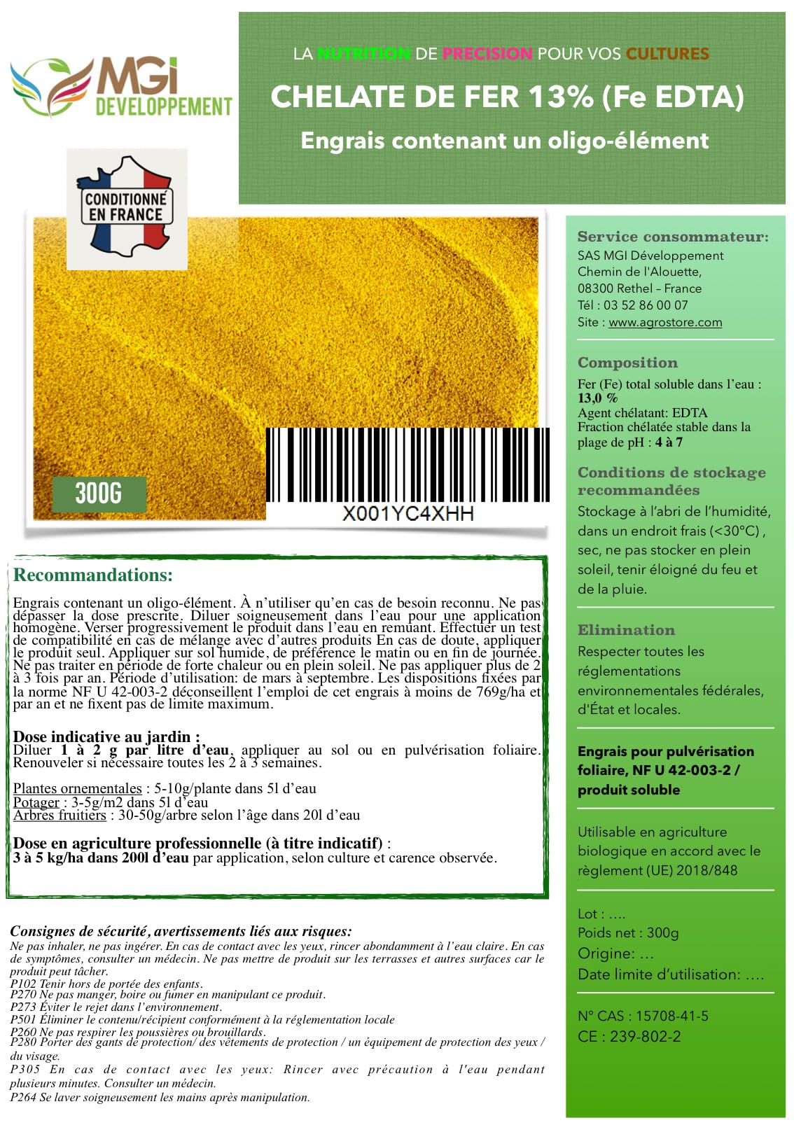 300 gr - Chélate de Fer 13% EDTA – Anti-Chlorose – Fertilisant Reverdissant – 100% Soluble – Utilisable en Agriculture Biologique – Conditionné en France dans une PME