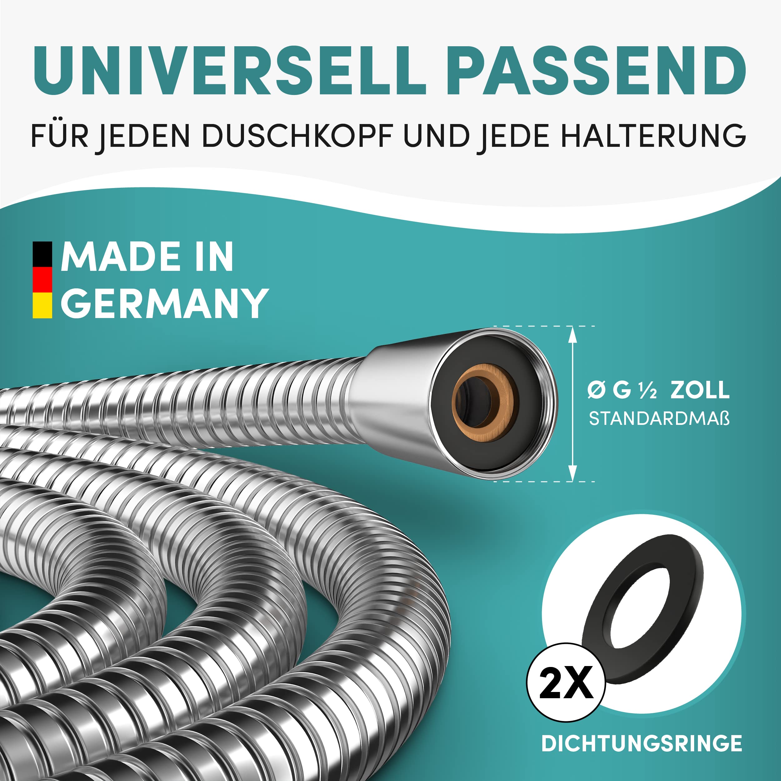Engelbach® Wąż prysznicowy 1,6 m z podwójnym zabezpieczeniem przed skręcaniem – stal nierdzewna – elastyczny i odporny na zagięcia – uniwersalne przyłącze 1/2” – Made in Germany