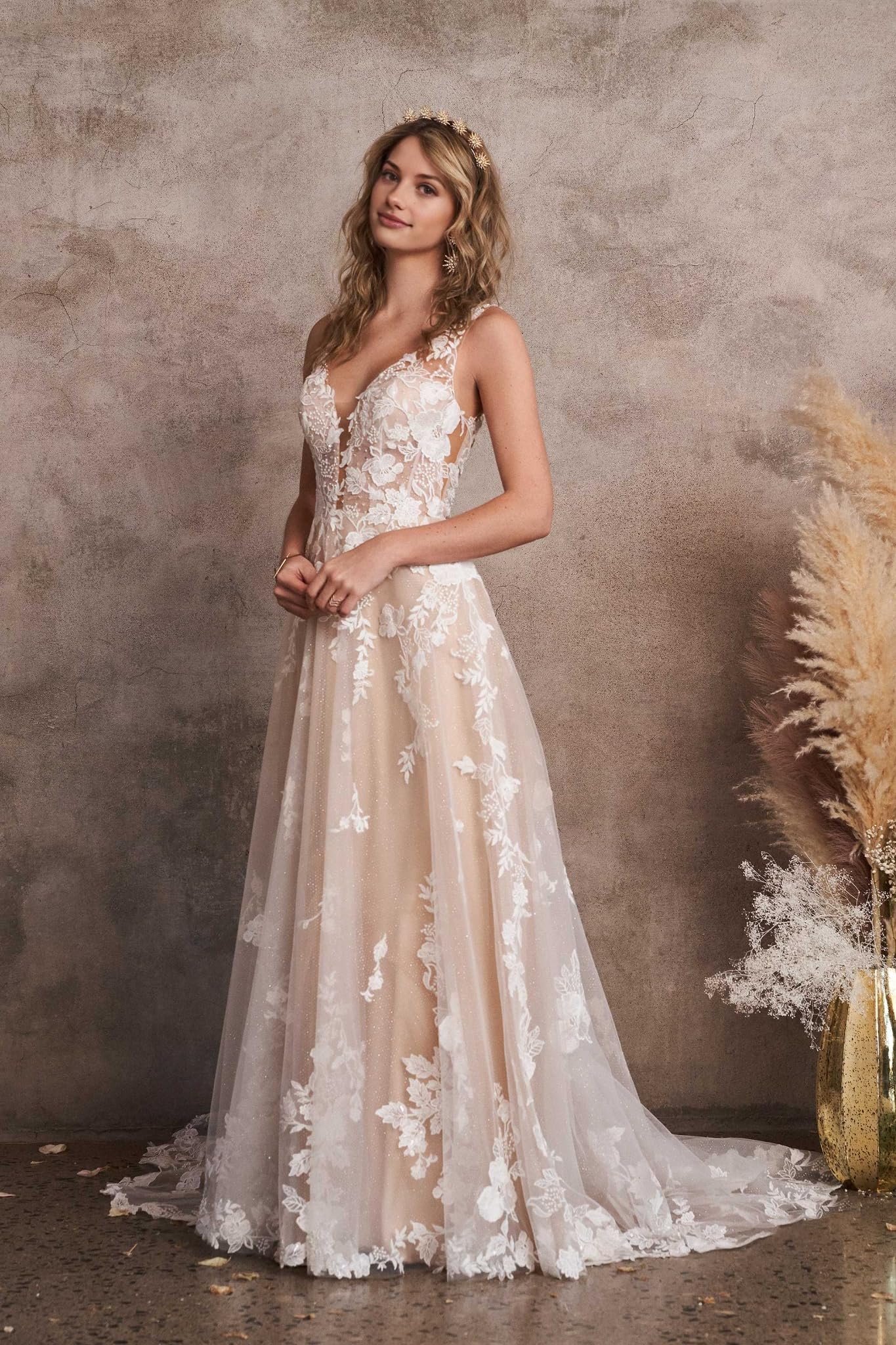 JAEDEN Damen Brautkleid Hochzeitskleider Standesamt Spitze Lang Glitzer V-Ausschnitt Trauung Kleid Ärmellos