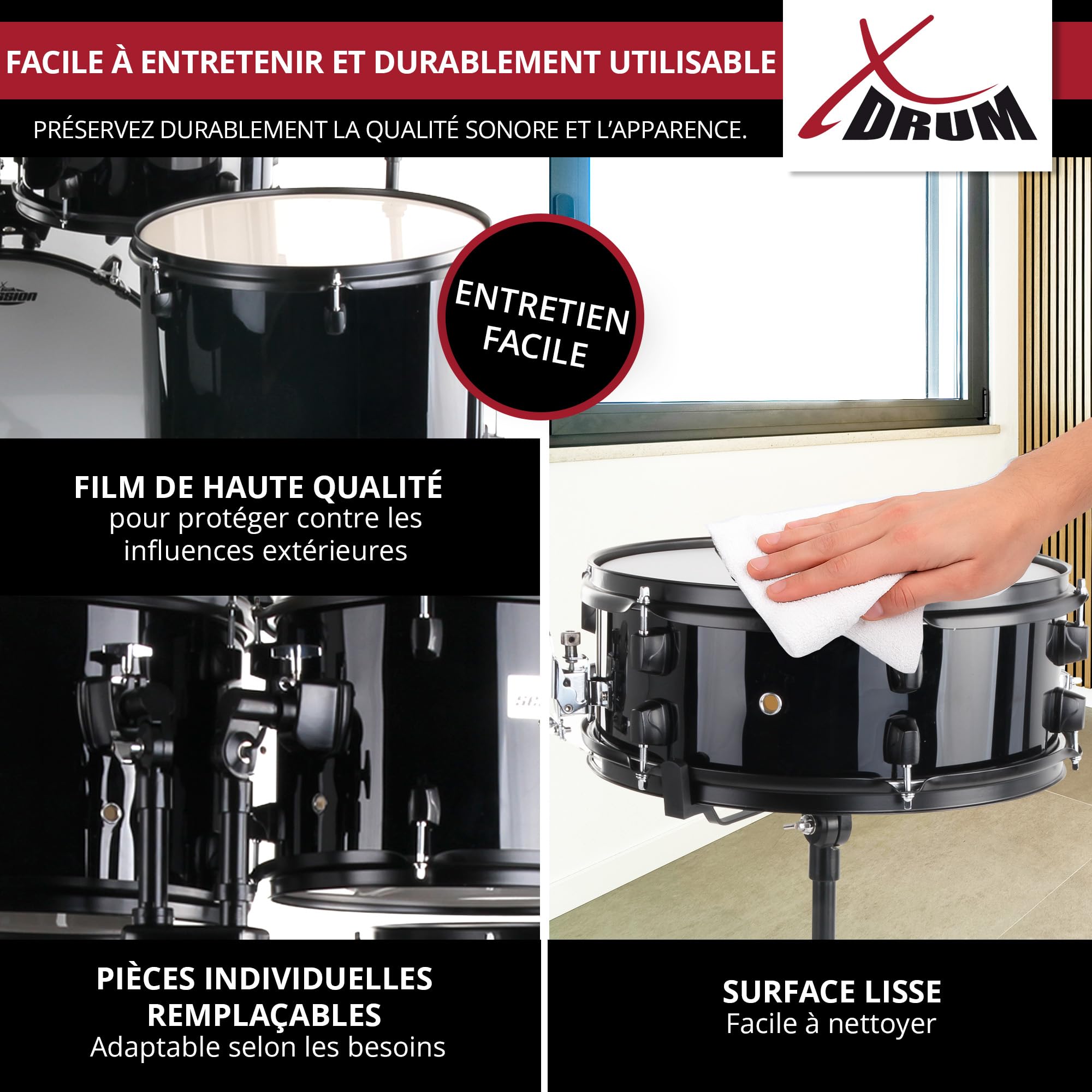 XDrum Rookie 22" Standard Batterie Complète Noire - Idéal pour Débutants - Matériel Stylé en Noir - Incl. Baguettes 5B, Notice de Montage et École de Batterie - Noir