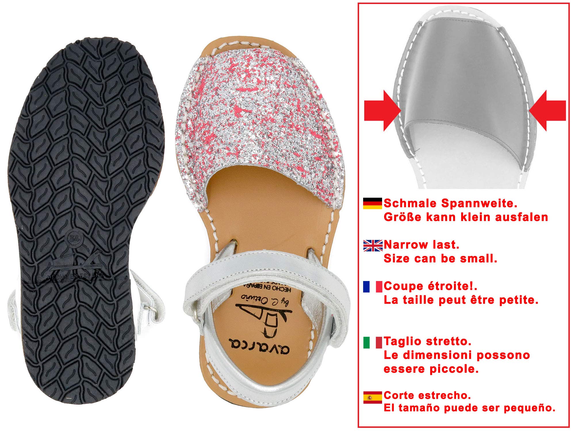 Avarca - Sandalias de piel para niña con purpurina y purpurina. Fabricadas en España.