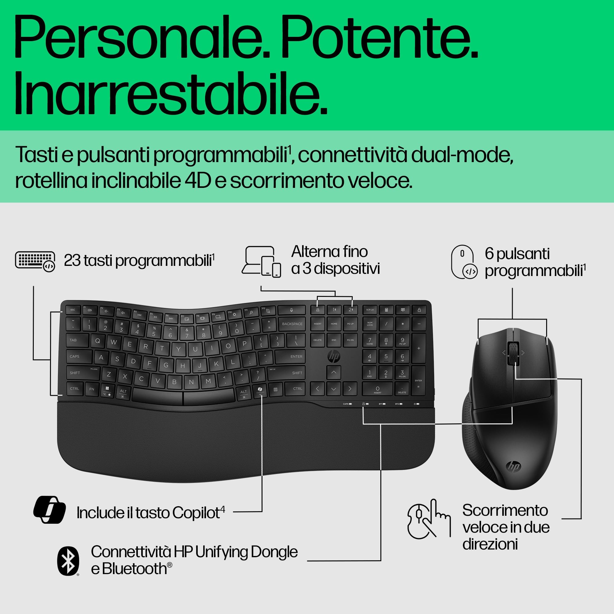 HP 680 Combo Tastiera e Mouse Wireless, 6 Tasti Programmabili, Sensore Ottico da 1200 dpi, Fino a 36 Mesi di Batteria per la Tastiera e 20 per il Mouse, Compatibile con Windows 11, Nera