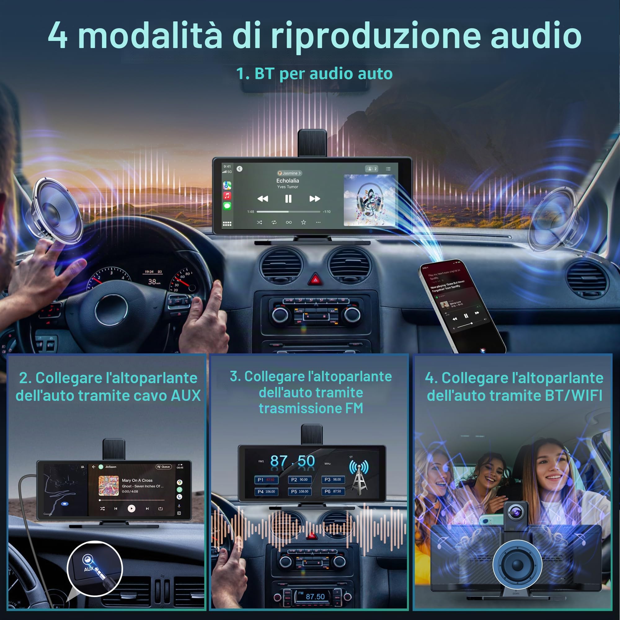 Audio Portatile Per Auto, 10.26" Schermo Carplay,car play per auto android con doppia telecamera anteriore + posteriore 4K 1080P, riproduzione car play wireless con Mirror Link/S-iri/AUX/64G TF