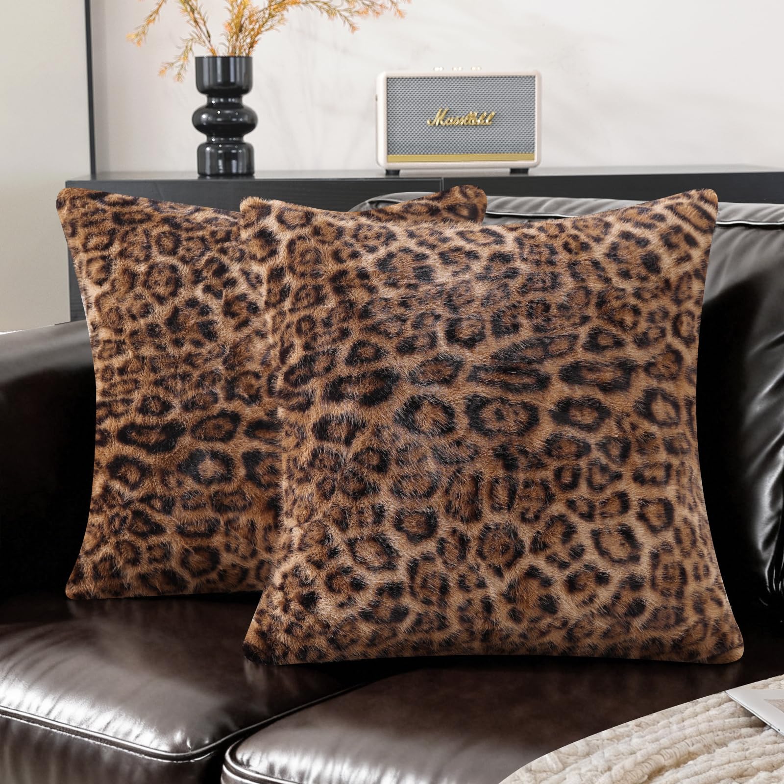 SYSLOON Cheetah Print Throw Pillow Covers 18x18 Inch Set of 2, Leopard Print Decorative Pillow Covers Home Decor for Living Room Sofa & Bed, Beige Brown Leopard | Set of 2,Soft Faux Fur,Leopard Print Cushion Cases,Modern Home Decor,for Couch,Sofa,Bedroom,Living Room,Gift