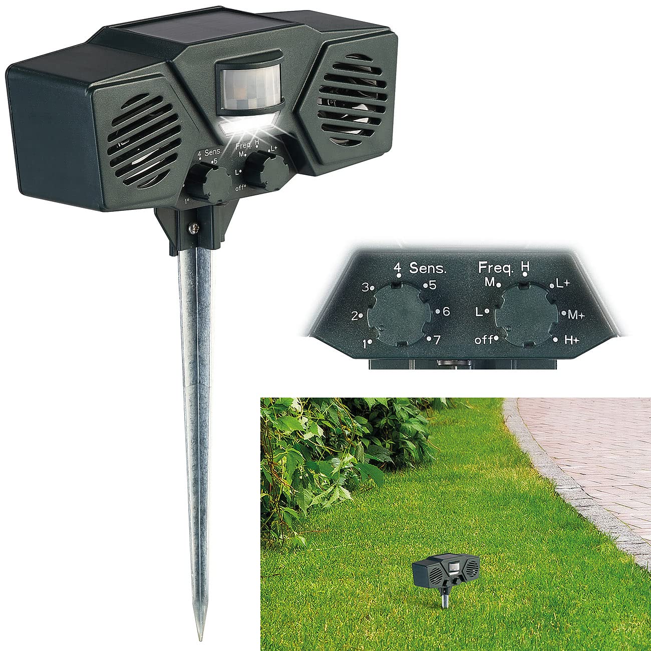 Exbuster Vogelschreck: 2er-Set Duo-Ultraschall-Solar-Tierschreck, Blitzlicht, Bewegungssensor (Wildabwehr, Elektrischer Katzenschreck, Maus)
