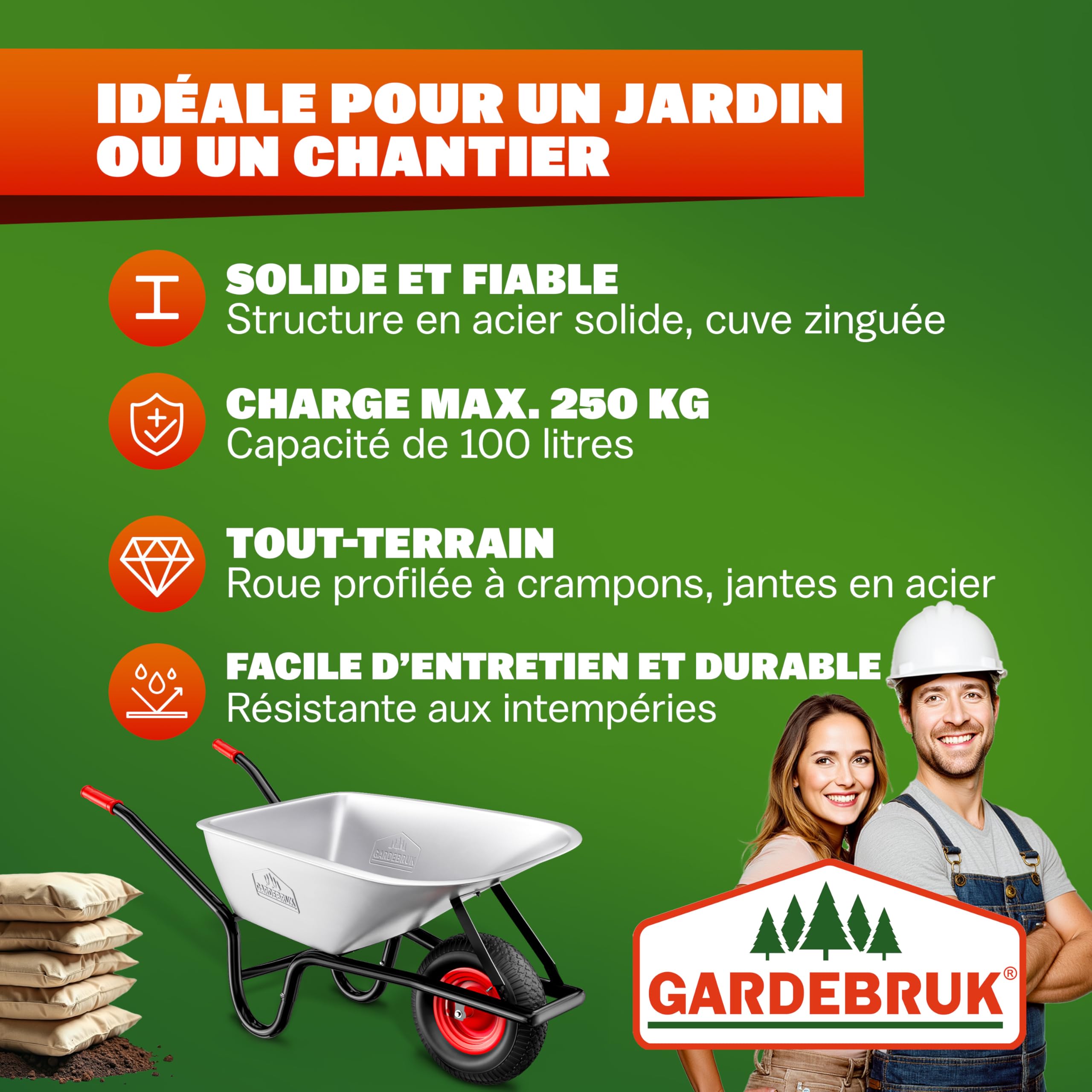 GARDEBRUK® Brouette Galvanisée 100 L pour Jardin avec Cuve Zinguée Acier Stable Roue Pneumatique Tout Terrain Type Chariot Jardinage Charge Max 250 Kg