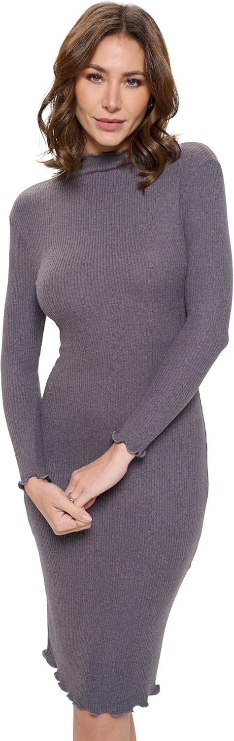 Women's Long Sleeve Cocktail Bodycon Dress, Ribbed Knit High Neck, Formal, Party