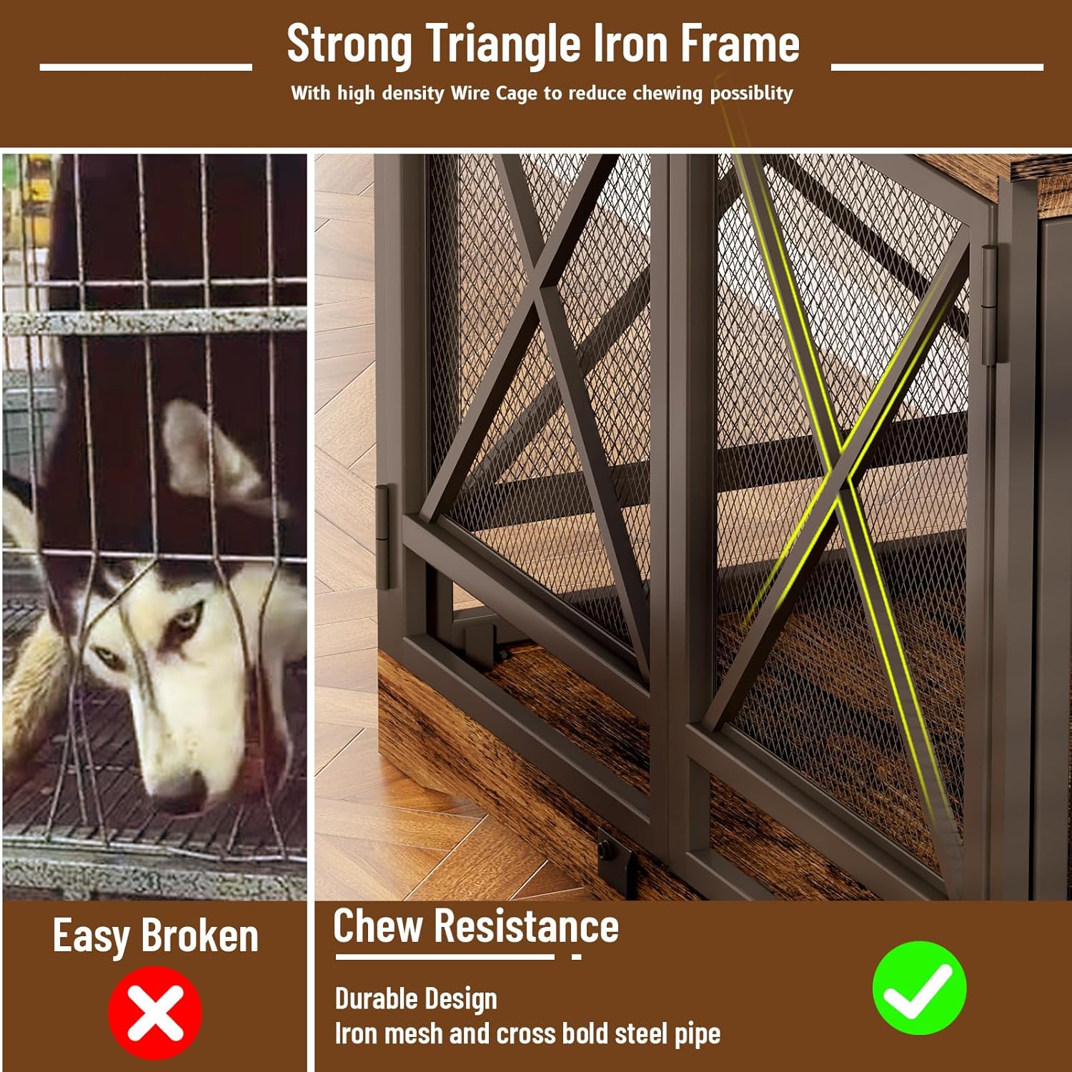 Comparison image showing a standard wire cage easily broken by a dog versus the COZPAW crate's chew-resistant design with strong triangle iron frame and mesh.
