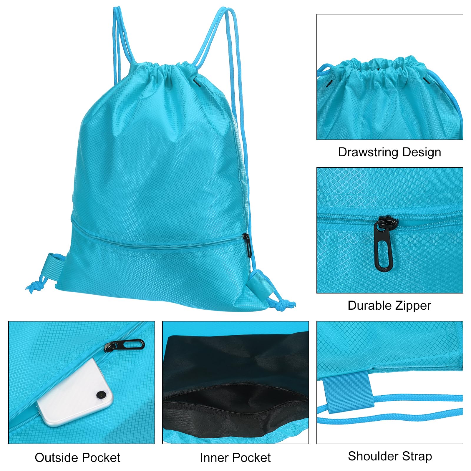 PATIKIL Drawstring Backpack Bag, Drawstring Gym Bag String Backpack with Zip Pocket for Women Men Lake Blue - Image 4