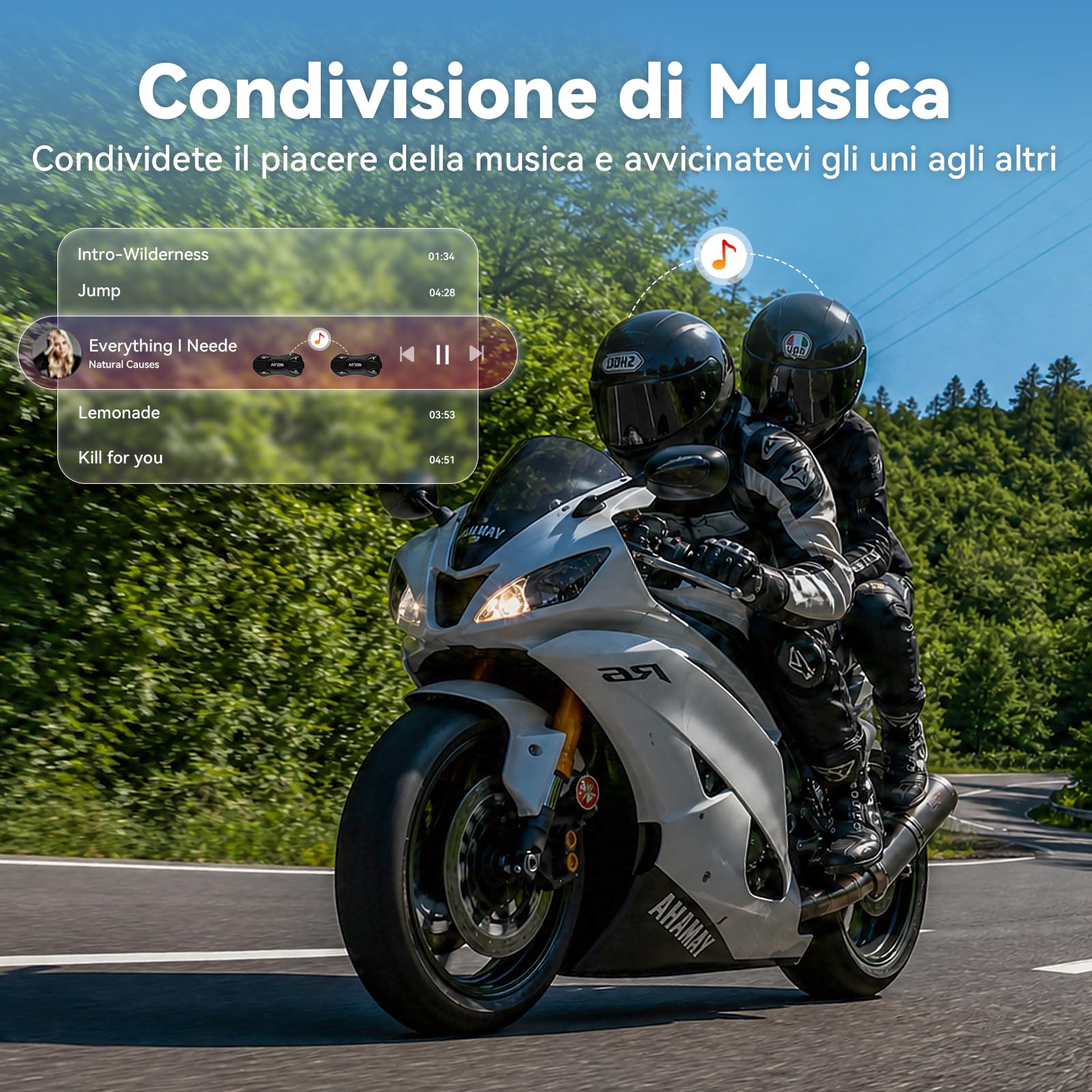 N2 Intercom Bluetooth per 2 motociclisti, portata di 1000 m, cuffie per casco da moto con 40 mm Hi-Fi, audio multitasking, condivisione musicale