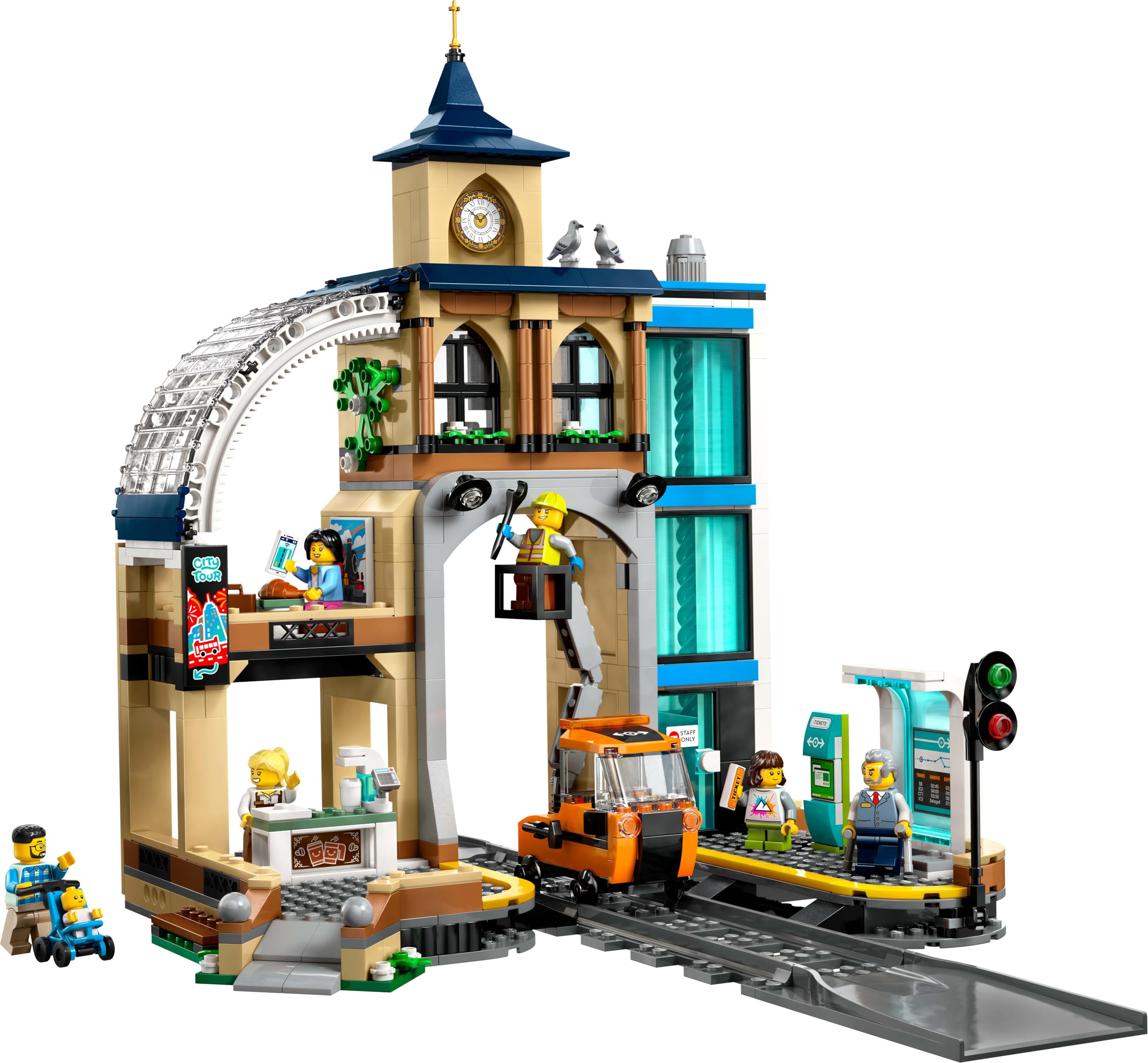 LEGO City Centralny dworzec kolejowy, zabawka dla 7-latka z pojazdami kolejowymi, wagon z wysięgnikiem, sześć minifigurek, figurka dziecka i dwa gołębie, prezent dla chłopca i dziewczynki 60469