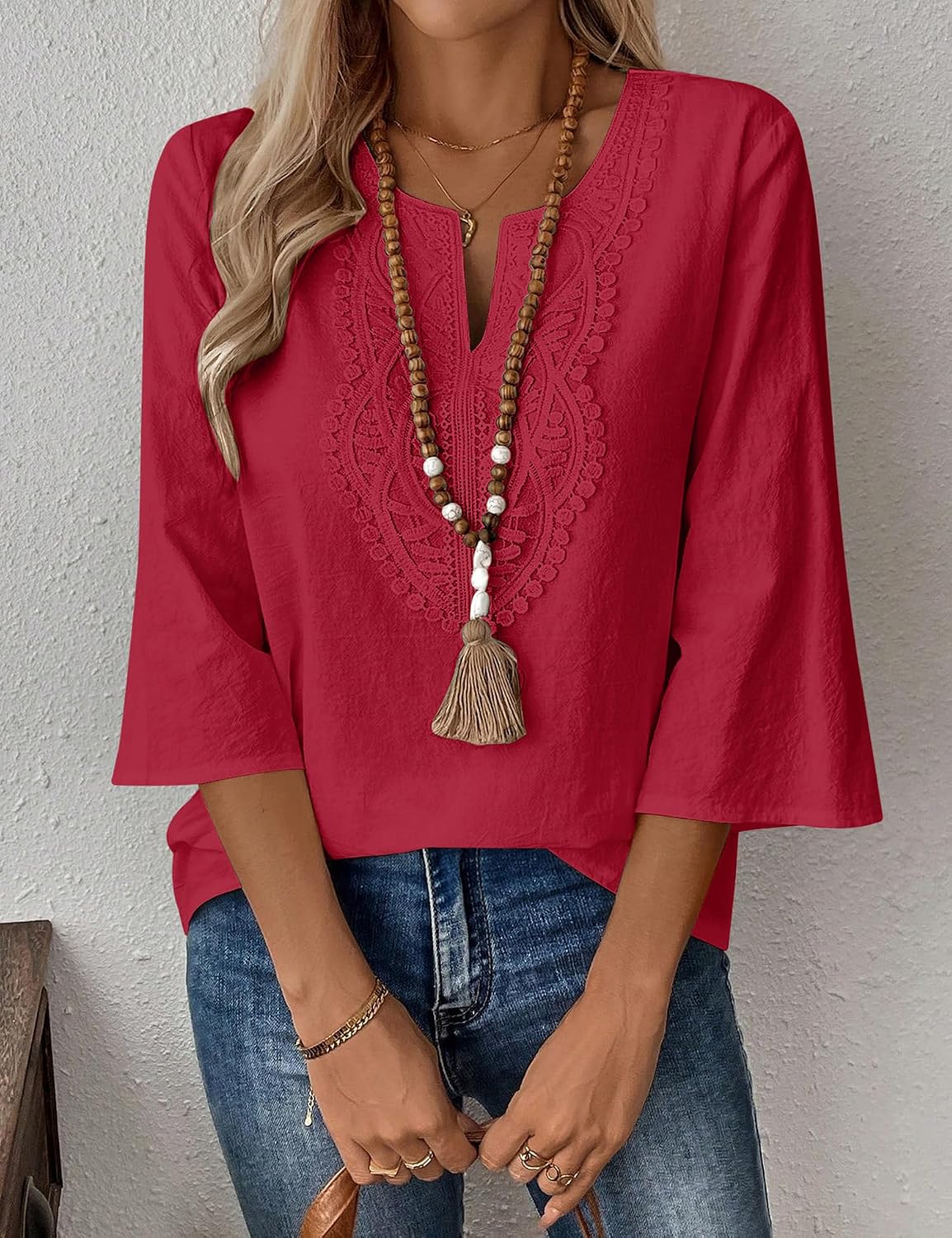LOMON Womens 3/4 Sleeve Tops Cotton Linen Shirts V Neck Lace Casual Loose Fit Blouses Boho Fashion