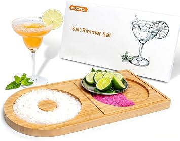Margarita Salt Rimmer Set, Sugar and Salt Rimmer for Cocktails, Bartender Tool with Wood Bamboo Glass Rimmer for up to 5.1" Rims, Essential Margarita Set for Party Bar Celebration