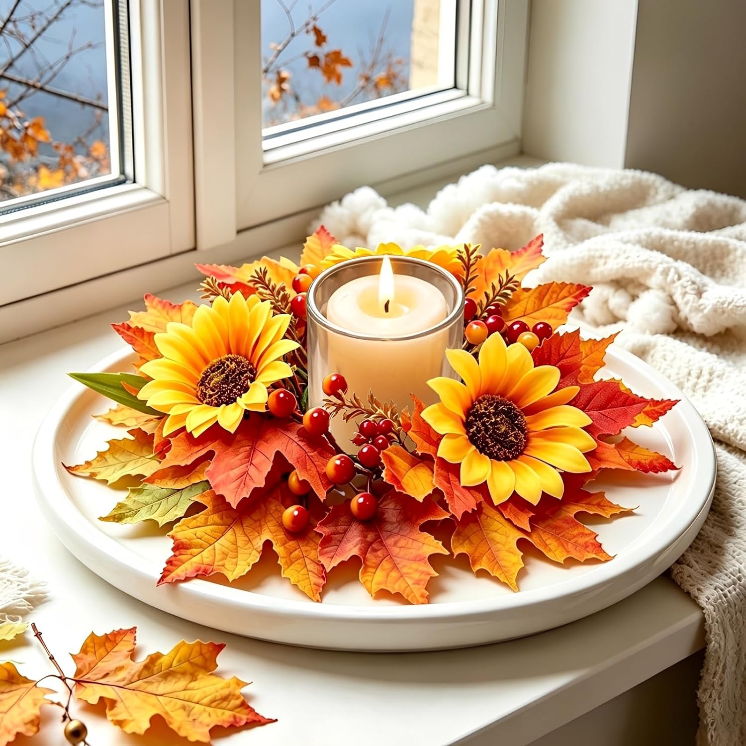 Fall Candle Wreath Sunflower Maple Leaf Thanksgiving Harvest Decoration