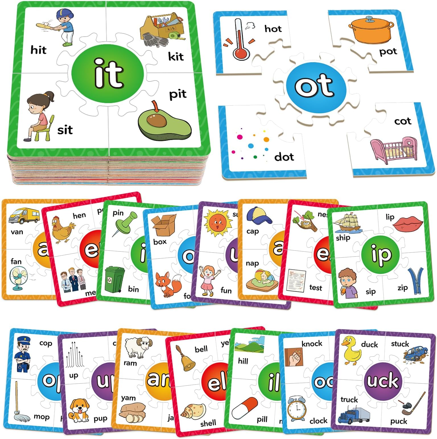 Torlam Phonics Puzzles Rhyming Games Phonics Games Flash Cards for Kids Toddler, Learn to Read Spelling Reading Sight Words, Short A E I O U Blends Site Words for Preschool Kindergarten Homeschool