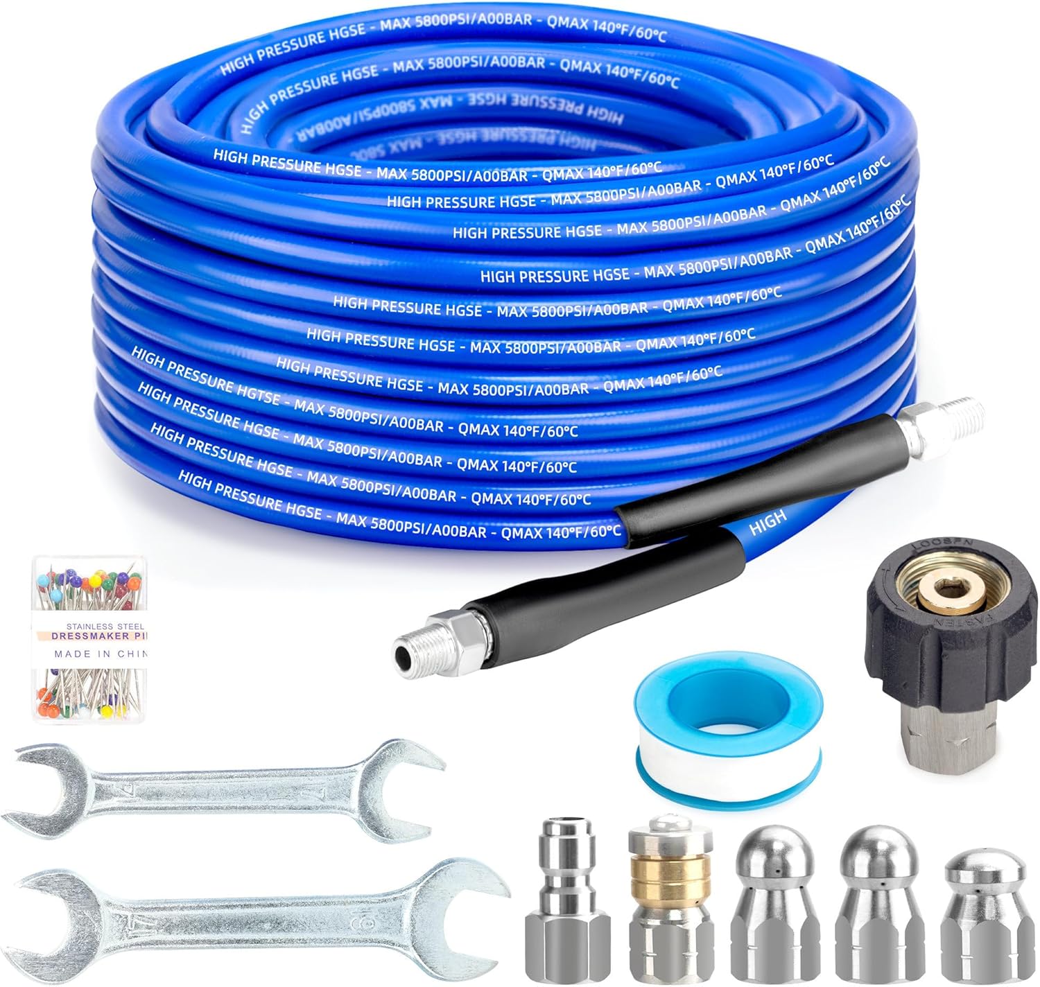 50 Ft Flexible Sewer Jetter Kit for Pressure Washer, 5800psi Drain Cleaner Hose with 1/4 Inch Npt Corner Rotating and 4 Button Nose Sewer Jetting Nozzle Spanner Watertight Tape Pearl Corsage Pin