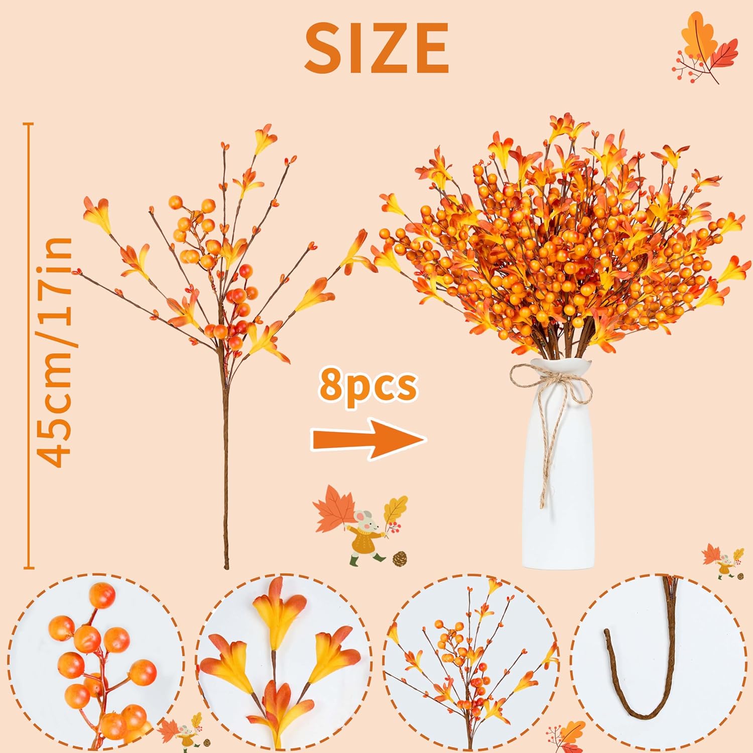 Artificial Fall Flowers 8 PCS Fall Floral Picks 17 Inch Orange Berry Stems with Berries Flowers for AutumnThanksgiving Harvest Festival Flower Arrangement Vases Centerpieces - Image 3