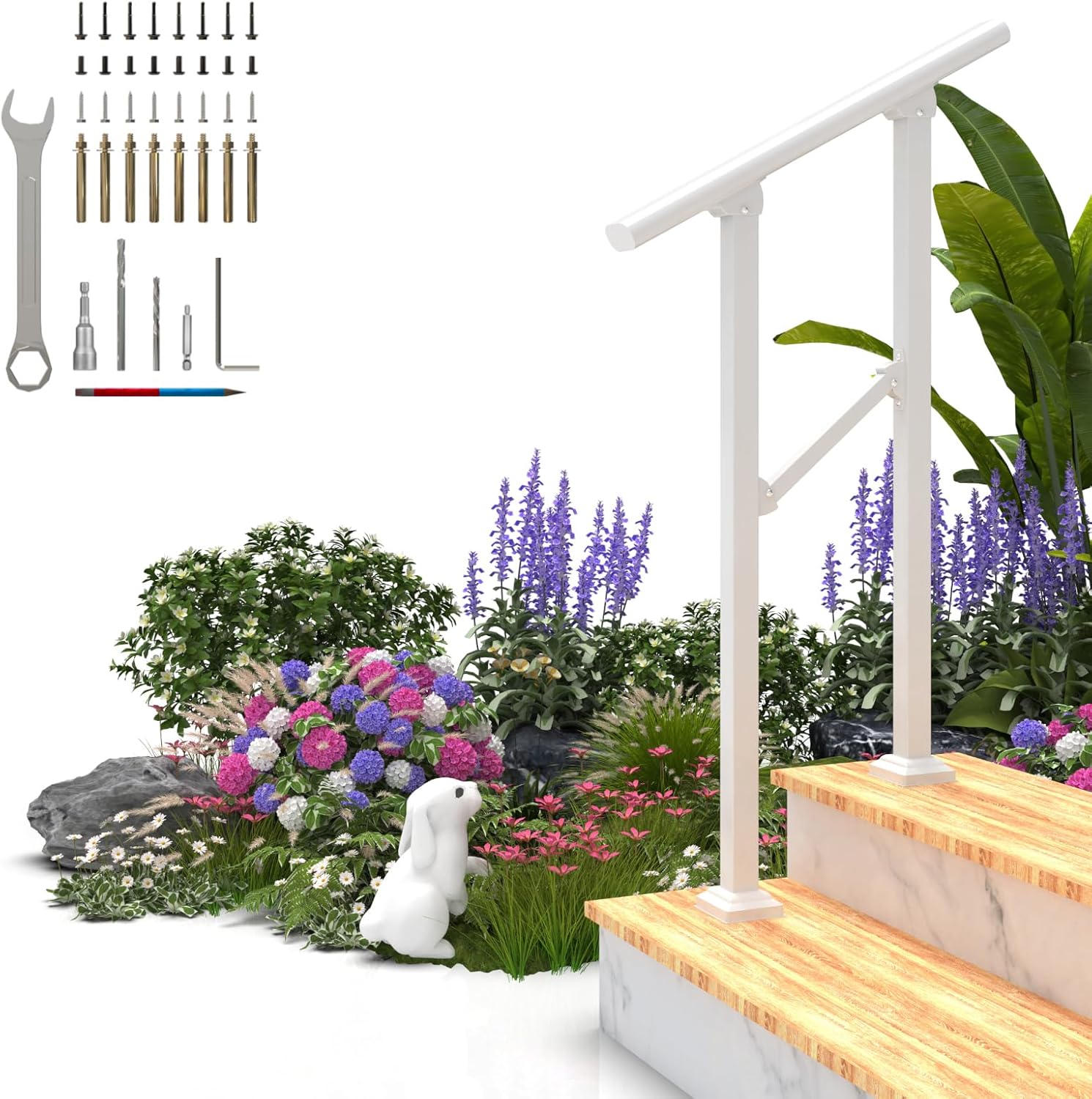 Hand Rails for Outdoor Steps, 2 Step Handrail Stair Railing for Seniors for Porch Railing Deck Hand Rail Easy to Install and Sturdy