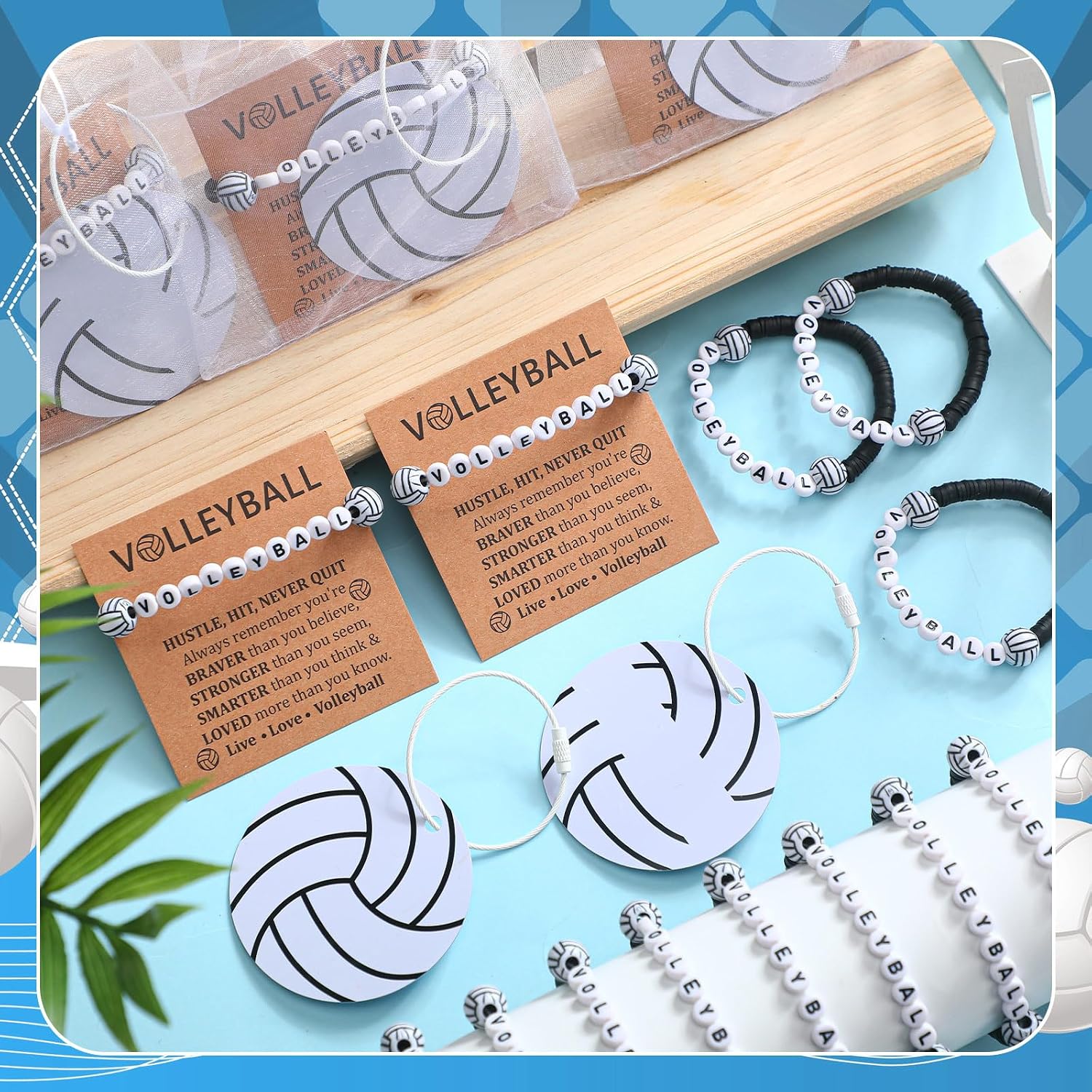 Ecation 80 Pcs Basketball/Softball/Soccer/Volleyball 20 Bracelet 20 Luggage Tags DIY Name Keychain with 20 Cards 20 Gift Bag(Black,Volleyball)