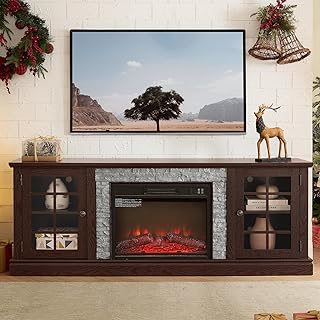 70 Inch Farmhouse Tv Stand with Fireplace, Electric Fireplace Entertainment Center for Tvs Up to 75",Tv Console & Media Console with Storage for Living Room,Adjustable Shelves,Faux Stone (Cherry, 70")