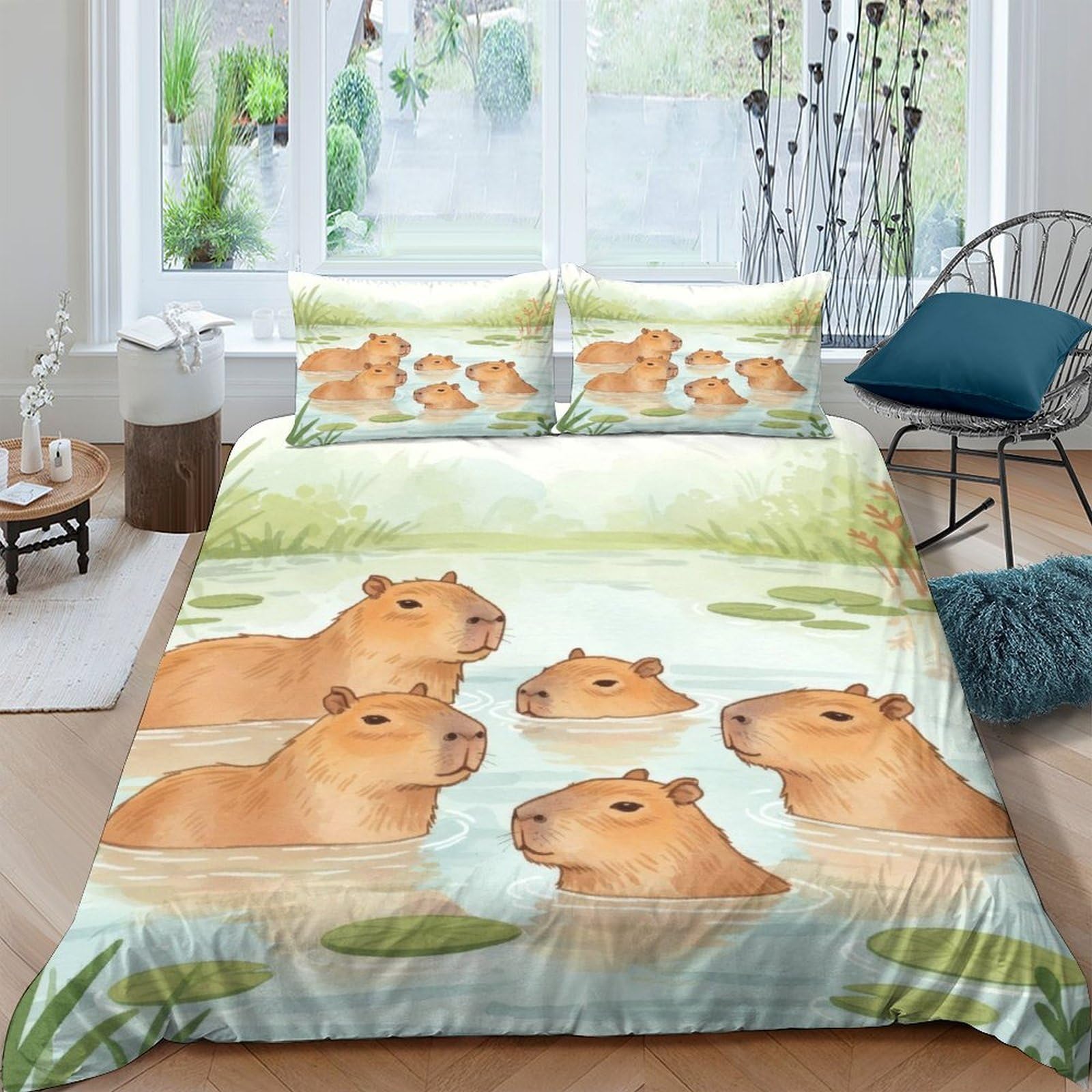 Ctjqhvkz Style-2 3D Printed Capybara Pond Fitted Sheet Microfiber Soft Green Animal Mattress Cover For Bedroom Dorm Decor, Machine Washable Single（135X200cm）
