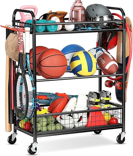 Organizador de equipo deportivo de almacenamiento de bolas, carrito de almacenamiento de garaje, estante de almacenamiento de bolas rodantes con
