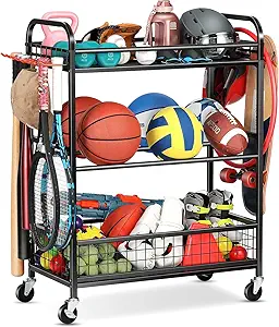 Basketball Rack with Wheels - Rolling Sports Equipment Organizer with Multiple Shelves and Baskets