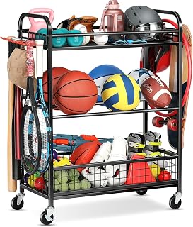 Ball Storage Sports Equipment Organizer - Garage Storage Cart Rolling Ball Storage Rack with Hooks Wheels Outdoor Indoor Gym Gear Toy Holder Bin for Basketball, Baseball, Soccer