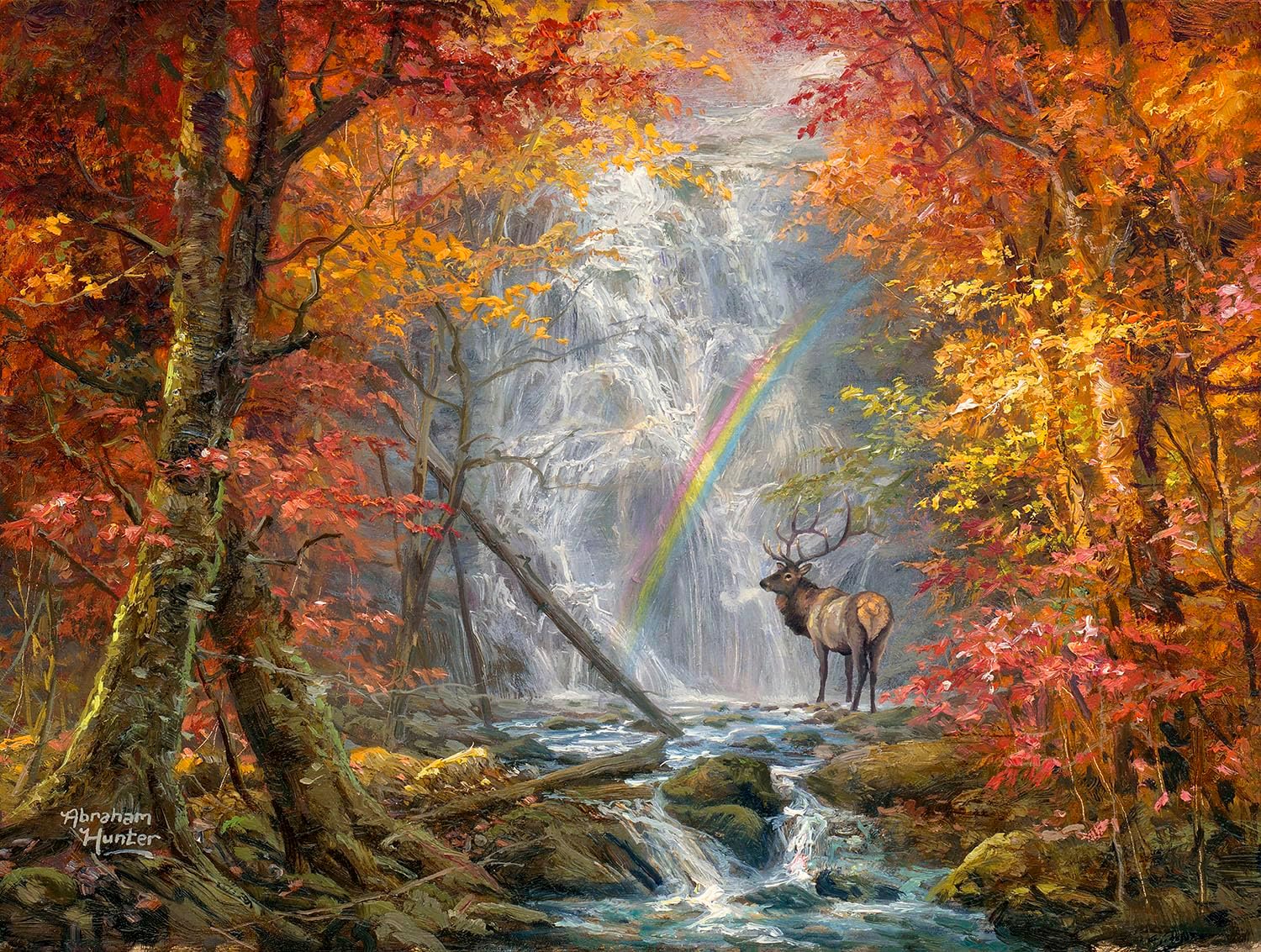 SUNSOUT INC - Wapiti Falls - 500 pc Jigsaw Puzzle by Artist: Abraham Hunter - Finished Size 18" x 24" - MPN# 69425