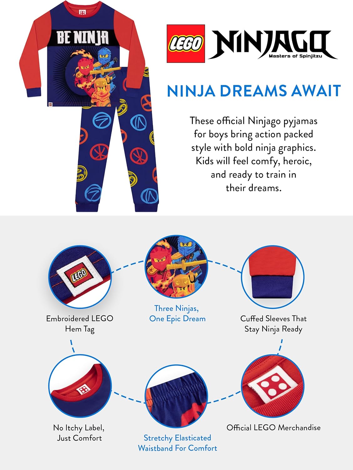 LEGO Ninjago Boys Pajamas, Ninja Long Sleeve Boys Pjs, Ninjago Kids Pajama Set