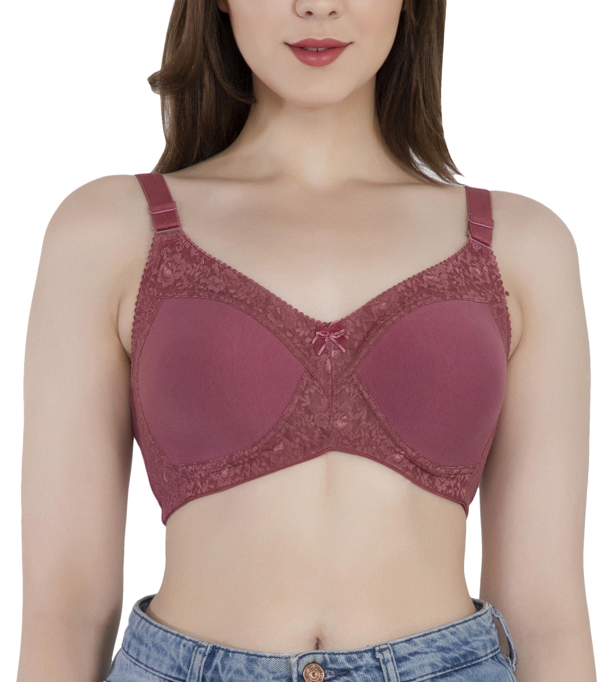 LacyLuxe Women's Seamless Padded Bra | Full Coverage | Cotton Stretch Fabric and Nylon Lace | Broad Adjustable Straps