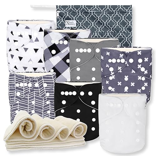 Miniatura 12 de Nora's Nursery Pañales de tela, paquete de 7 con 7 insertos y 1 bolsa para artículos húmedos, funda impermeable, lavable, reutilizable y pañales de