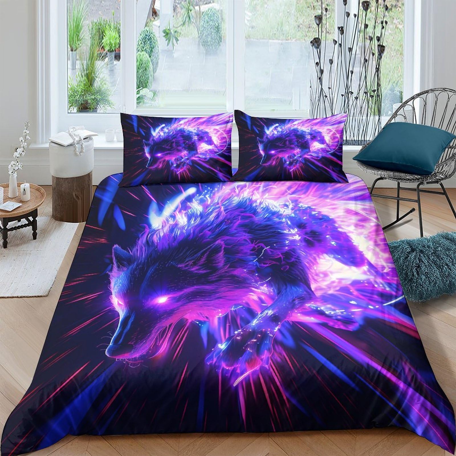 GPLZQXKJNH 3D Printed Purple Wolf Duvet Cover Set Microfiber Soft Breathable Cosmic Neon Bedding Set with 2 Pillowcases for Bedroom Decor Single（135x200cm）