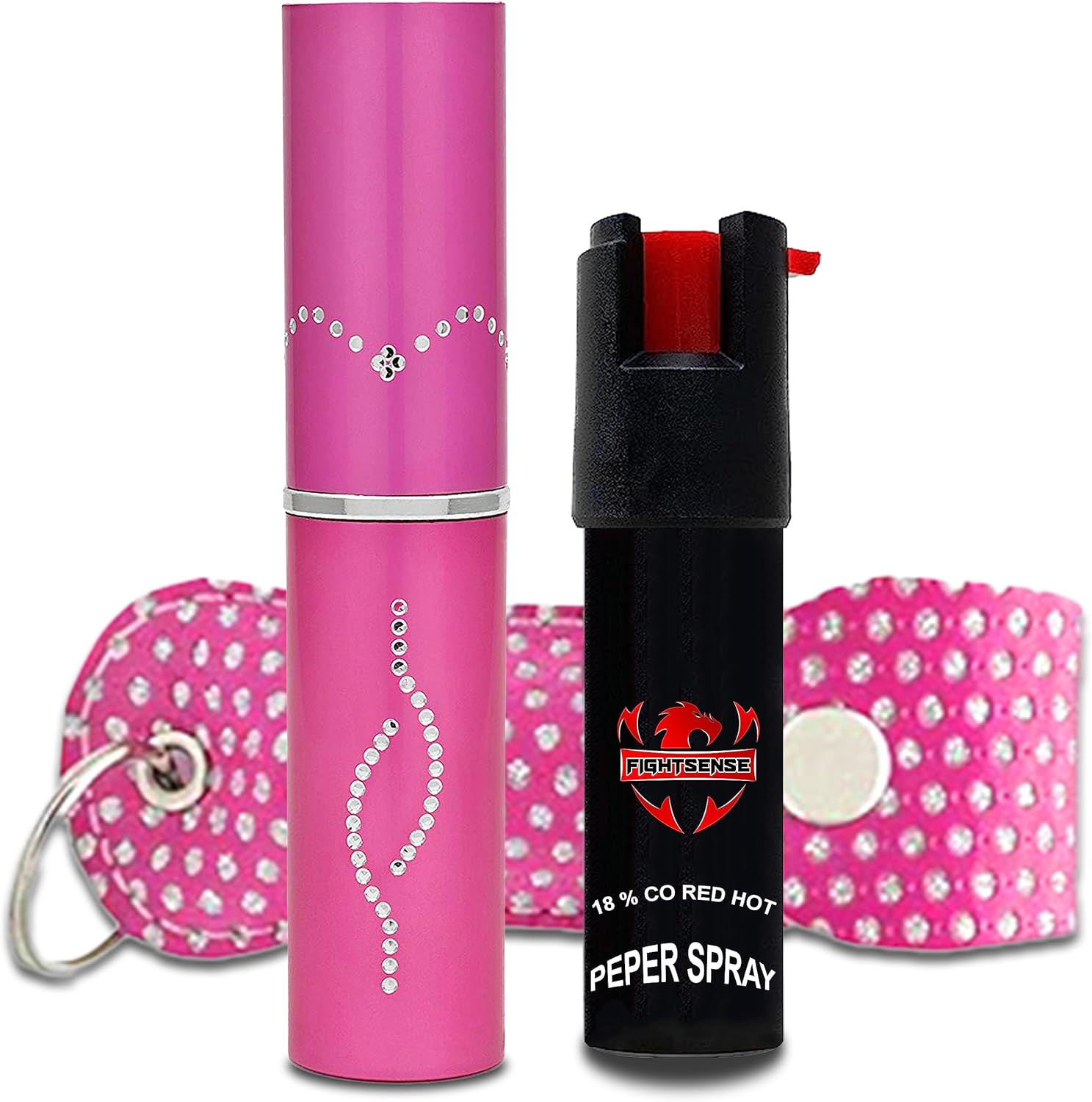 FIGHTSENSE Ladies Self Protection Package Pepper Spray and Self Protection Lipstick Flashlight, Rechargeable Battery, Keychain Leather-based Pouch