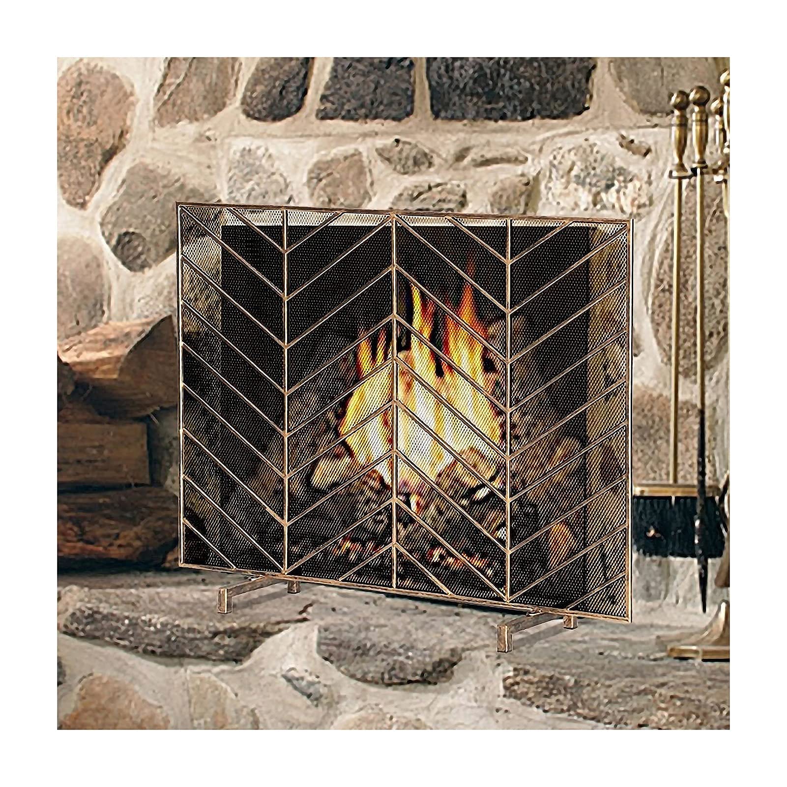 Parafiamma per camino in ferro a pannello singolo, parafiamma autoportante con robusta struttura in ferro battuto, cancello parascintille con rete metallica decorativa (oro 99 x 23 x 79 cm) needed