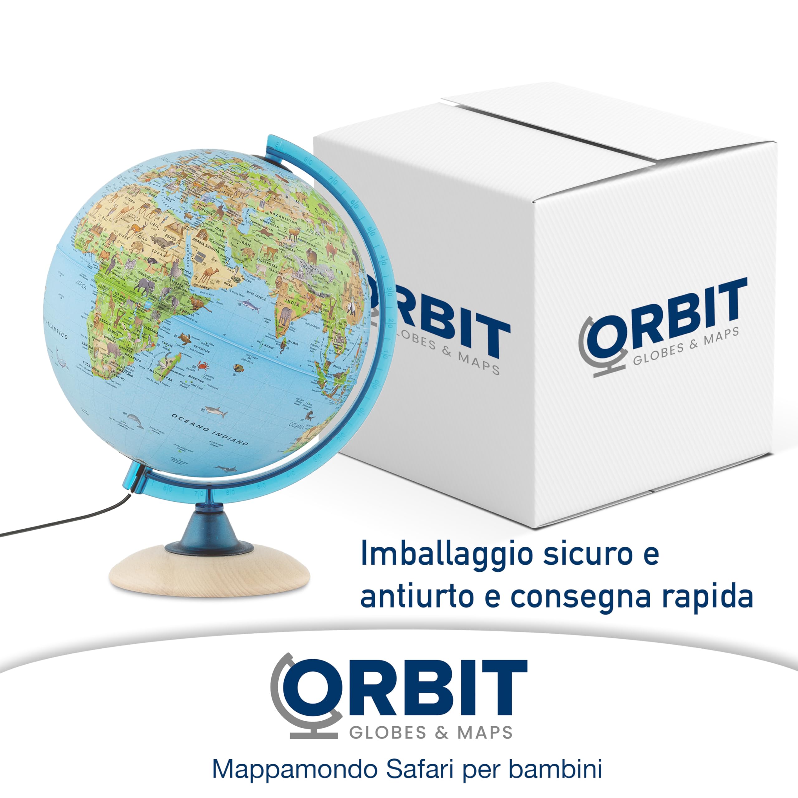 Mappamondo per bambini, Globo luminoso per bambini, diametro 25 cm, con tante illustrazioni interessanti, base di legno chiaro, testo in italiano
