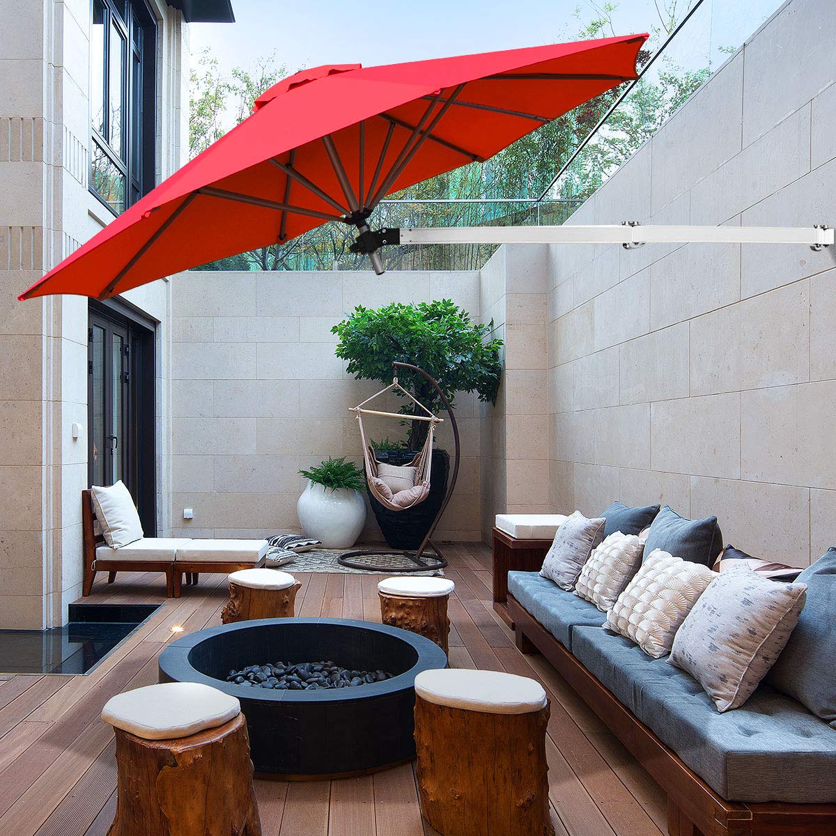 COSTWAY Ombrellone da Parete 250 cm, Ombrellone da Muro per Giardino con Angolo Regolabile, Parasole Esterno Pieghevole Anti UV, per Giardino, Balcone e Cortile (Rosso)