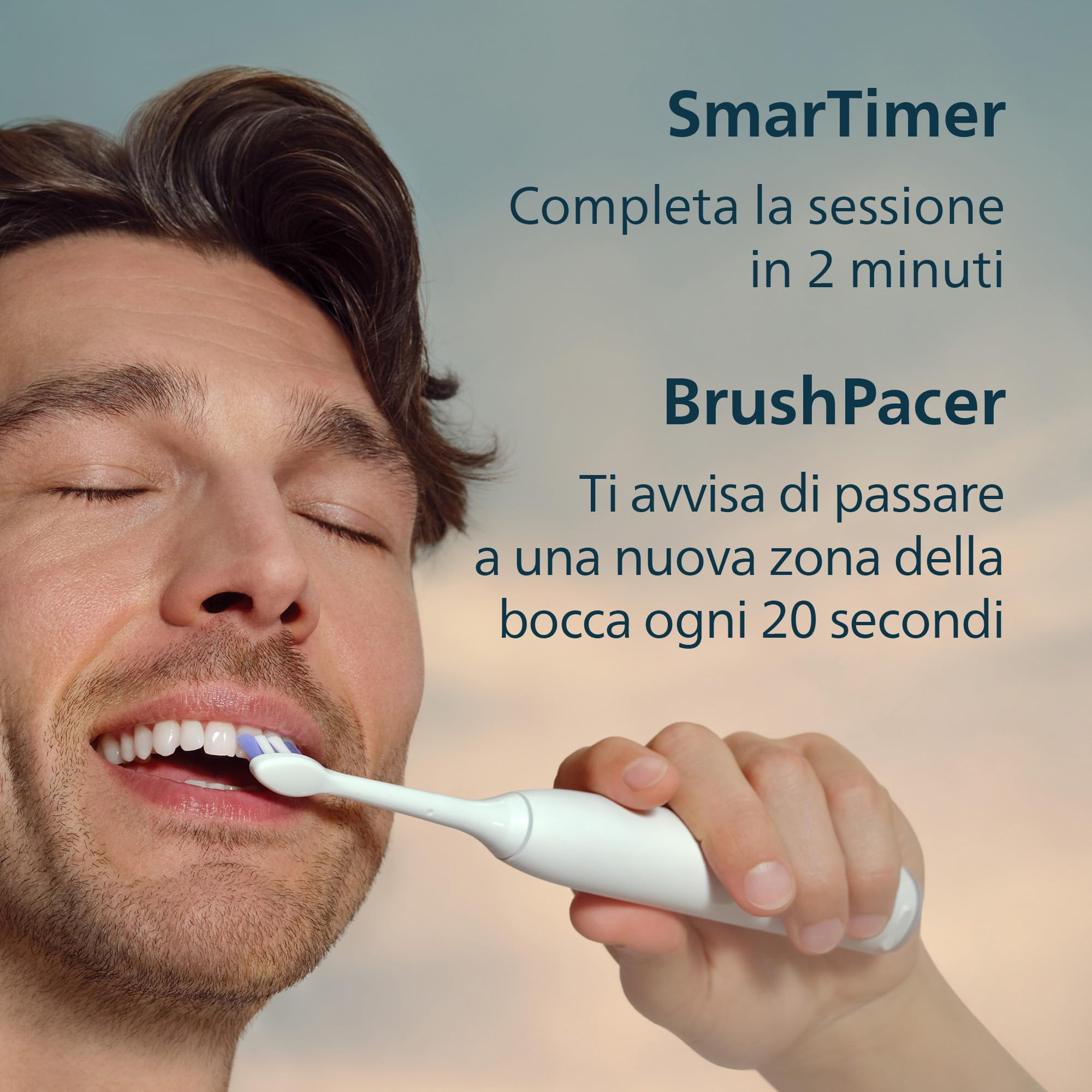 Philips Sonicare 6100, spazzolino sonico con 2 modalità di spazzolamento e 3 livelli di intensità, avviso di pressione, EasyStart, SmarTimer, custodia da viaggio, bianco, HX7400/02 [Nuova tecnologia]