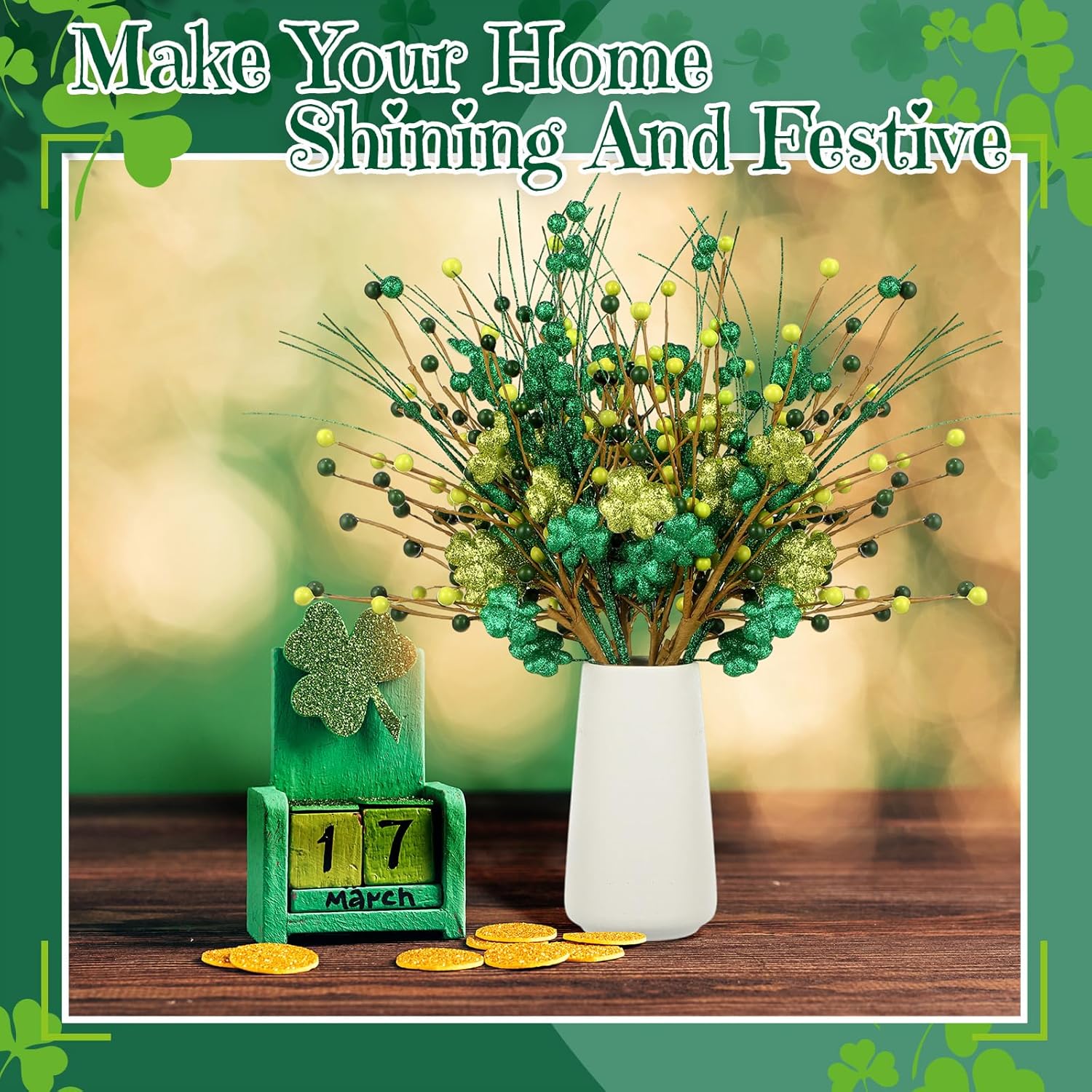 Giegxin 24Pcs St. Patrick's Day Decorations Artificial Shamrock Picks 17" Clover Stems Picks Fake Floral Bunch Decor Green Artificial Flowers Twig Stem for Irish St. Patrick's Day Table Home Decor