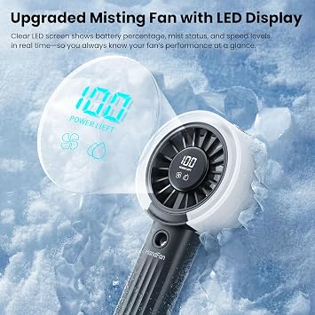 HandFan Upgraded Misting Fan with LED Display Extreme Cooling Portable Handheld Fan with Water Mist Spray, 50% Stronger Airflow & Quieter, USB Rechargeable for Travel/Park/Disney/Beach/Concert/Game