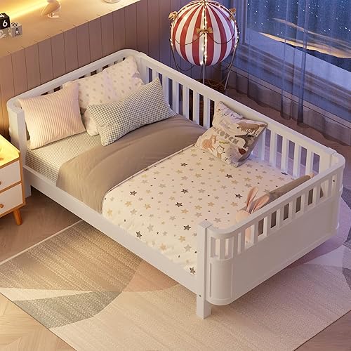 KEIKI Twin Size Wooden Floor Bed, Montessori Platform Bed Frame with Low Profile & Safety Rails, Space Saving Kids Beds for Boys Girls Bedroom, No Box Spring Needed, Easy Assembly, Noise Free, White - White - Twin