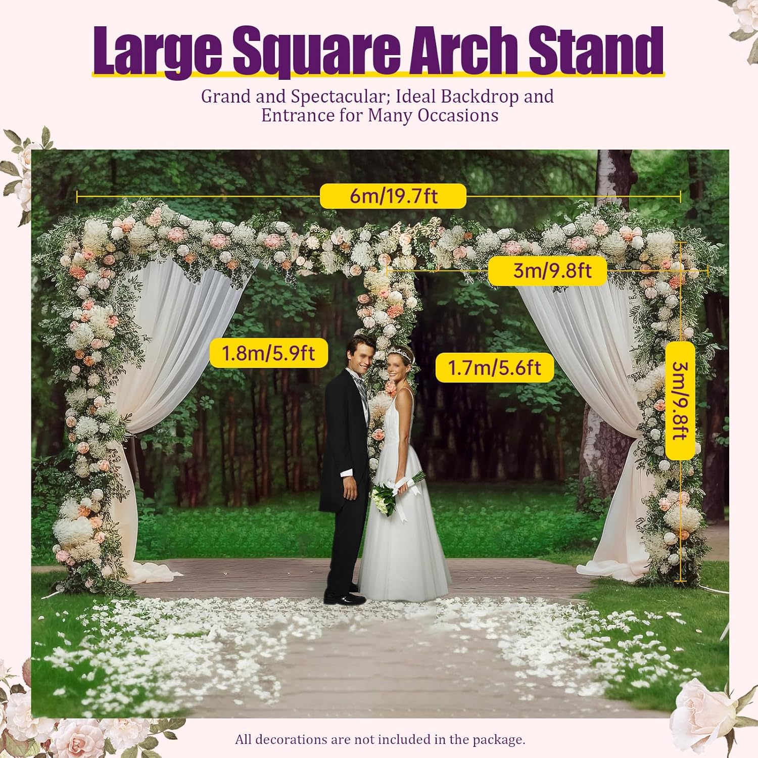 10x20 FT Backdrop Stand Heavy Duty, Metal Square Pipe and Drape Backdrop Stand For Parties Wedding ceremony, Metal Arch Frame Decorate It With Flowers, Green Plants, Tulle, Balloons, Silver