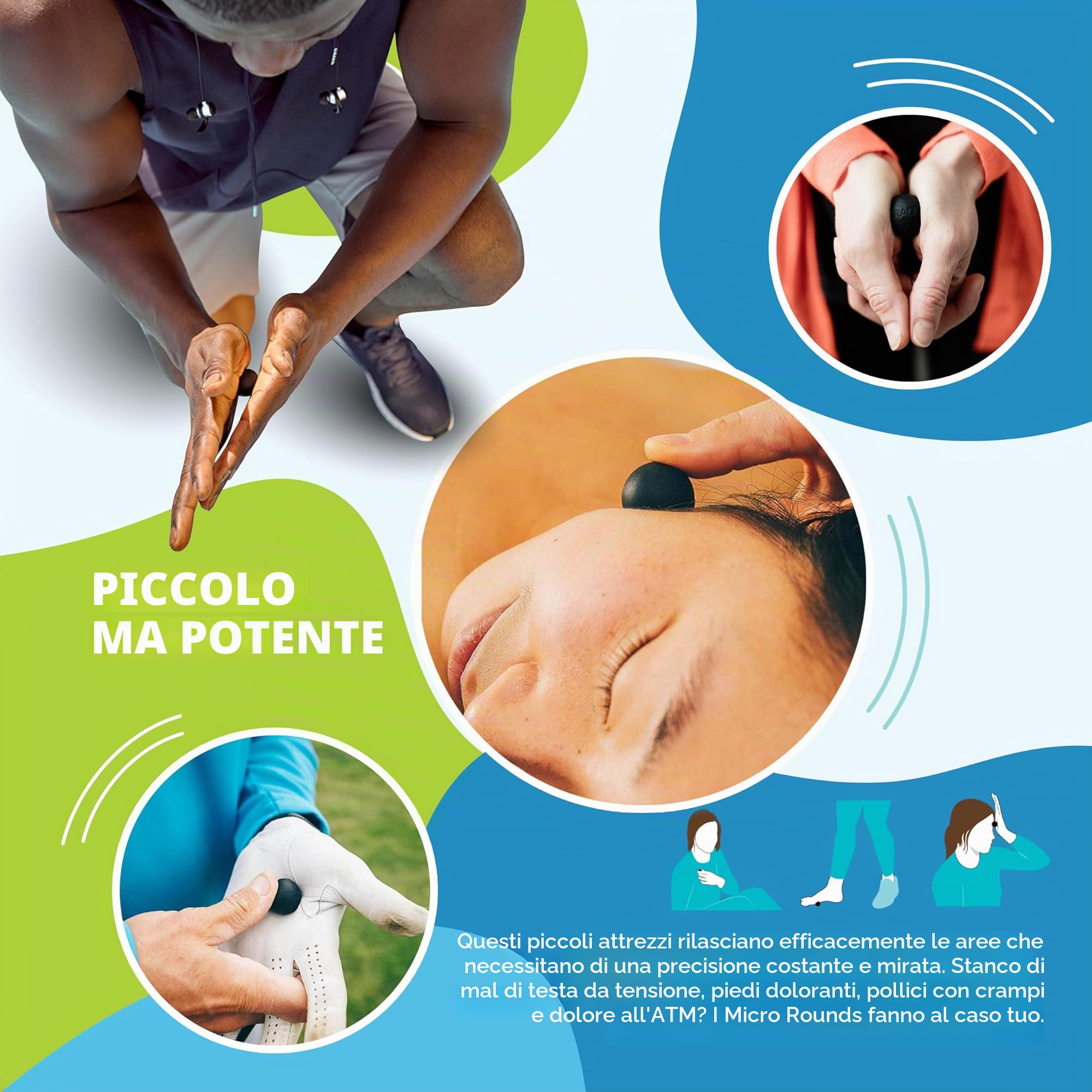 RAD Micro Rounds - Set di 3 palline per massaggio dei tessuti profondi da yoga (palline da 1,9 cm, rilascio miofasciale mirato per piedi, fascite plantare, mascella e mani, terapia